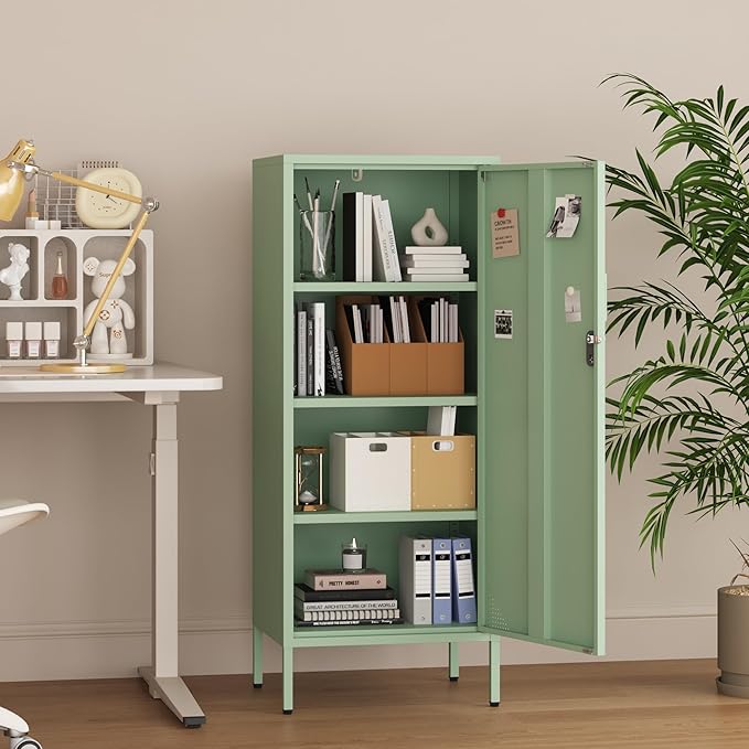 Metal Cabinet Lockable Filling Cabinet Bathroom Storage Cabinet with 4 Tier Adjustable Shelves Green Locker for Home, School, Office, Pantry H49.21'' (Green)
