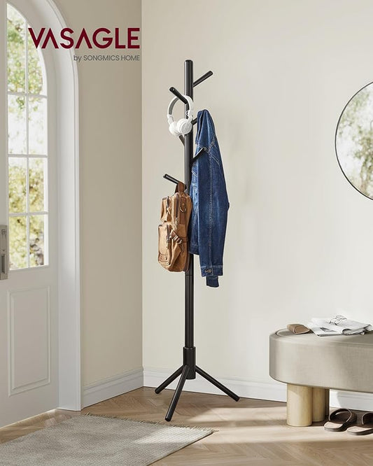 VASAGLE Solid Wood Coat Rack, Free Standing Tree-Shaped Coat Rack with 8 Hooks, 3 Height Options, for Clothes, Hats, Bags, Living Room, Bedroom, Home Office, Black URCR04BK