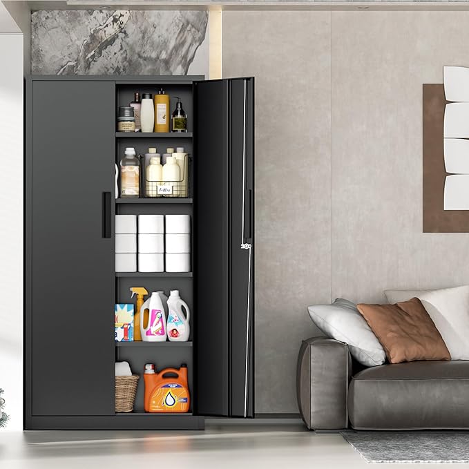 INTERGRAET 63" H Pantry Cabinet, Kitchen Pantry Storage Cabinets with 2 Doors and 4 Shelves,Black Metal Storage Cabinet,Cupboard for Home,Kitchen,Living Room/Dining