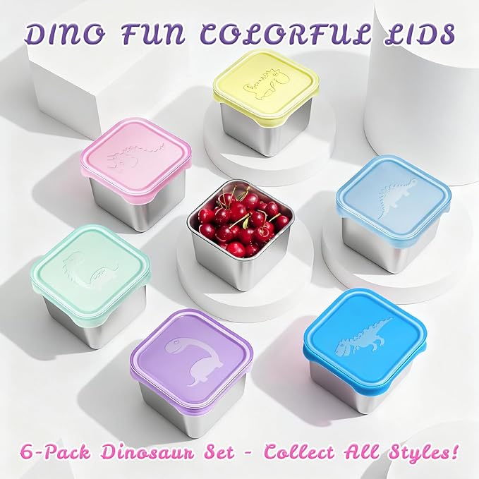 6-Pack Small (6 oz) Stainless Steel Snack Containers for Kids, Easy-Open Toddler Snack Containers with Lids - Cute Dinosaur Small Stackable Metal Lunch Box for Daycare, School, Travel