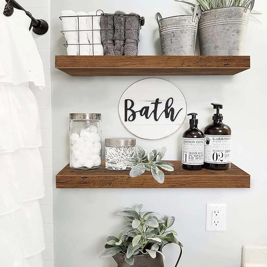 QEEIG Floating Shelves for Wall 23.6" Long - Wall Mounted Shelf Bathroom Kitchen Living Room Bedroom Farmhouse Home Decor Display Bookshelf Large 23.6 x 9.3 inch Set of 2, Rustic Brown (008-60BN)