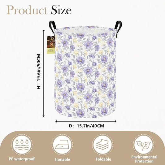HUNRUNG Laundry Hamper,Large Canvas Fabric Lightweight Storage Basket Toy Organizer Dirty Clothes Collapsible Waterproof for College Dorms(Round-Purple Flowers)