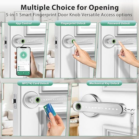 Smart Door Lock with Knob, Keyless Entry Door Locks with Handle, Fingerprint Door Knob for Bedroom/Front Door/Apartment,Generate Passcode Remotely Silver