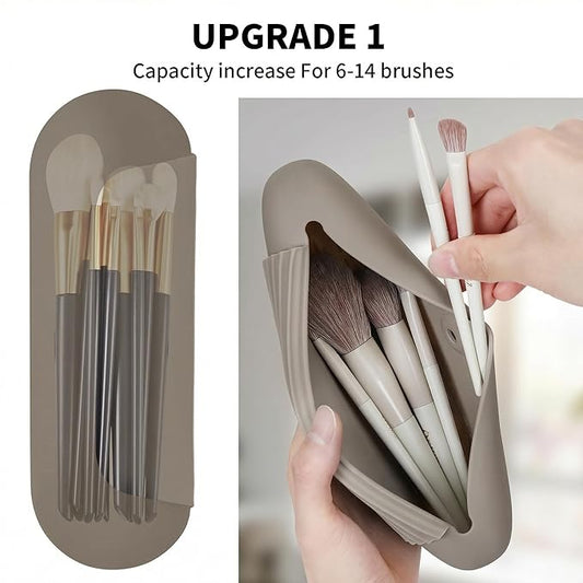 Silicone Makeup Brush Holder Travel Cosmetic Bag:Soft Portable Cosmetic Face Brushes Holder with Upgrade Anti-Fall Out Magnetic Closure, Large Travel Makeup Brush Case - Coffea
