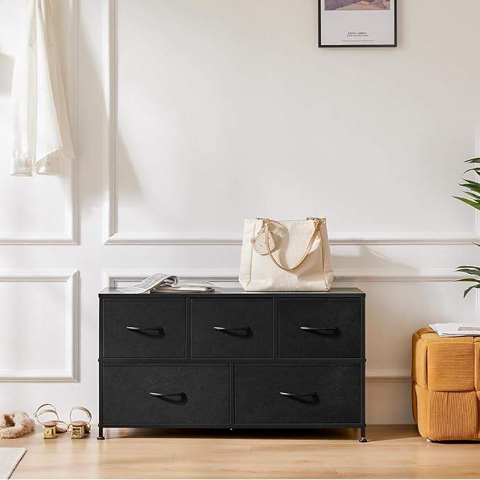 OLIXIS Dresser for Bedroom, 5 Storage Fabric Drawers, Metal Frame and Wooden Top, Tall Storage Drawer Dresser for Closet with Easy Pull Handles for Living Room, Entryway, Small Space Black