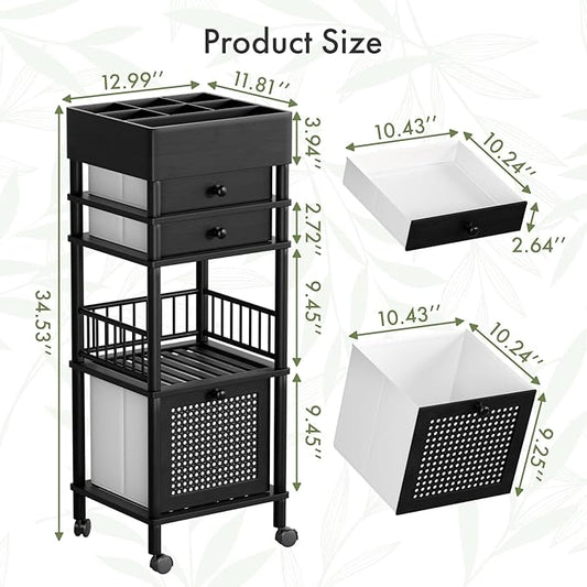 Amazer Bamboo Makeup Organizer Cart with 3 Drawers, Floor Skin Care Storage for Bathroom Bedroom, Rolling Vanity Organizer Cart for Cosmetic, Nail Polish, Perfume and Hair Tools, Black