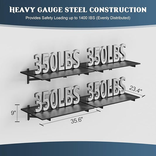 4 Pack Heavy Duty Garage Wall Shelving (2x3ft), 1400lbs Capacity Garage Shelving Wall Mounted, 24"x72"Garage Storage Rack Floating Shelves, Black