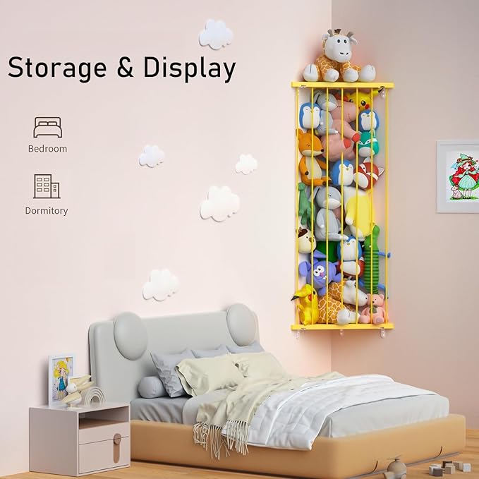 Stuffed Animal Storage Corner - Large Stuffed Animal Holder with Length Adjustable - Plush Storage Hanging Stuffed Animal Net for Wall(Yellow)