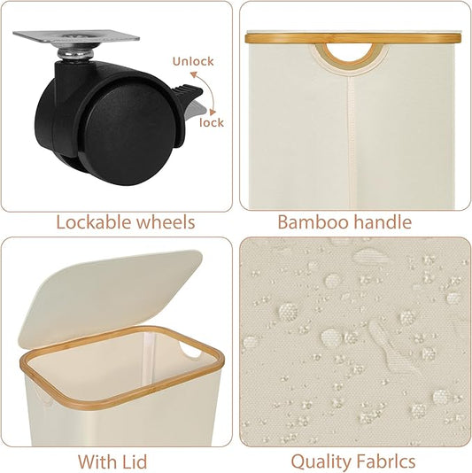 Laundry Basket with Wheels,100L Hampers for Laundry,Large Laundry Hamper with Lid and Bamboo Handles,Collapsible & Waterproof Tall Cloth Hamper for Dormitory Family,Beige