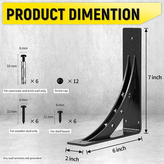 7 inch x 6 inch Heavy Duty Shelf Brackets,max Load 900 LBS,Premium Alloy Metal Mantel Brackets , (Set of 2) Fireplace Mantel Brackets - Countertop Support Brackets (Black-Metallic Silver)
