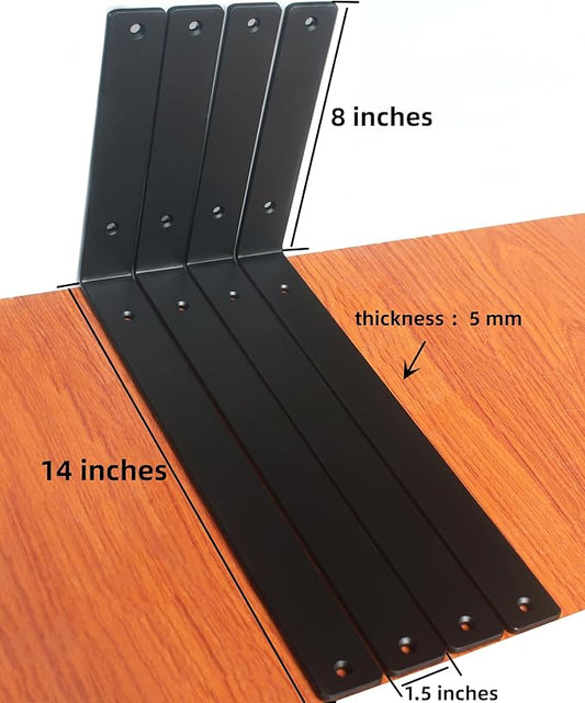 16 Pack - L 14" x H 8" x W1.5, 5mm Thick Black L Shelf Bracket, Iron Shelf Brackets, Metal Shelf Brackets, Floating Shelf, Shelf Supports with Screws