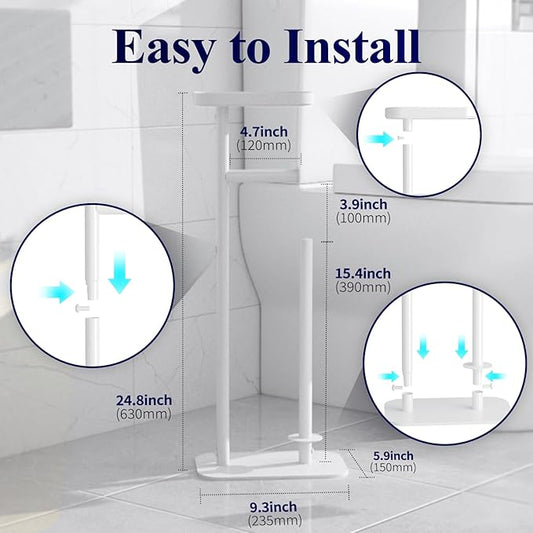 Kitsure Toilet Paper Holder Free Standing – Rustproof Metal Toilet Paper Stand for 4 Rolls with Anti-Slip Base and Shelf for Phone & Small Items, Bathroom Organizers and Storage, Medium, White