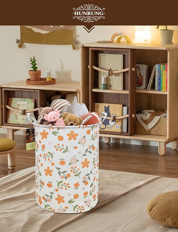 HUNRUNG Laundry Hamper,Large Canvas Fabric Lightweight Storage Basket Toy Organizer Dirty Clothes Collapsible Waterproof for College Dorms(Round-Orange Flower)