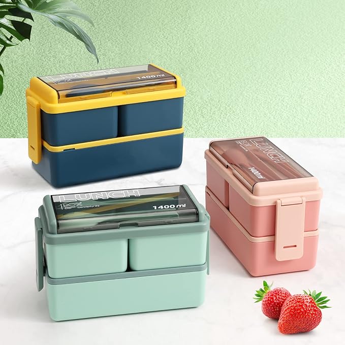 2 Pack Bento Box Adult Lunch Box,49OZ Leakproof Eco-Friendly Stackable Bento Lunch Box Meal Prep for Dining Out, Work, Picnic, School (green+blue)