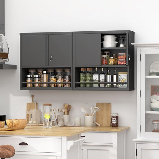 Metal Wall Cabinet, Garage Wall Cabinet with Lock, Wall Mounted Heavy Duty Steel Tool Cabinet with Door and Shelf, Hanging Cabinet for Garage Warehouse Bathroom Kitchen, Black