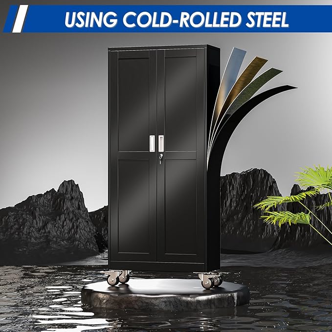 Metal Garage Storage Cabinet with Lock, Steel Tool Cabinet with 2 Door and 4 Adjustable Shelves, 71” Tall Lockable File Cabinet with Wheels, Rolling Cabinet for Home Office Garage Gym - Black