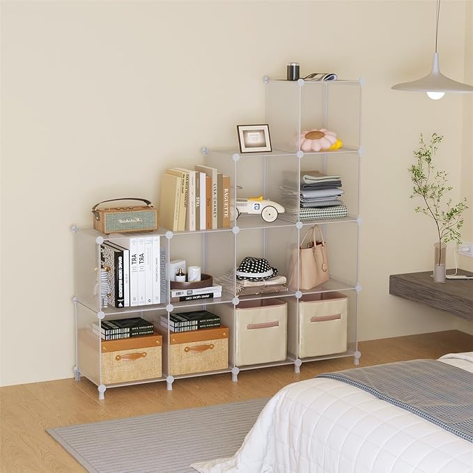 AWTATOS 8 Cube Storage Organizer, Closet Organizer Storage Shelf, Bookcase Bookshelf, DIY Stackable Storage Cubes Shelves for Closet, Bedroom, Home, Office, Transparent Twill