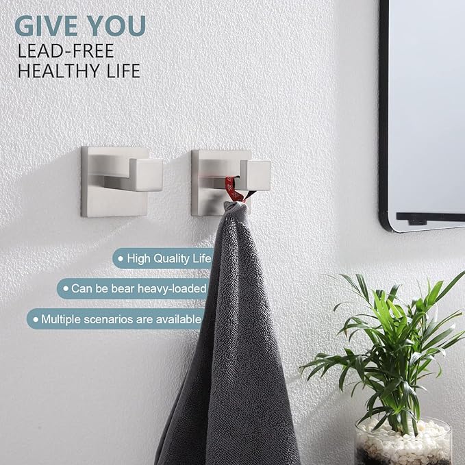 KOKOSIRI Bath Towel Hook Wall Mount Square Robe Hook Coat Hook, Bathroom Kitchen Garage Heavy Duty Wall Mounted, SUS 304 Stainless Steel, Brushed Nickel, B1010BR-P2