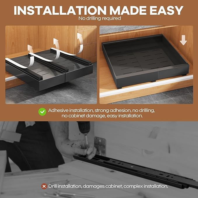 6Pack Expandable Pull Out Cabinet Organizer 21"Deep with Raising Pad for Framed Cabinets,Slide Out Drawers with 4pcs Divider Racks,Roll Out Shelves Adhesive,Adjustable Width 12.05"-20.4"Black