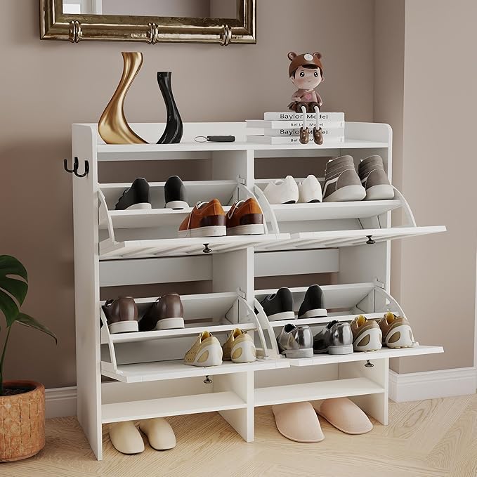 Gizoon Shoe Cabinet with 4 Fijp Drawers, Shoe Storage Cabinet for Entryway, Freestanding Hidden Rack with Open Shelf, Narrow Storage Organizer for Hallway, White