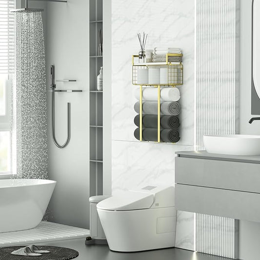 Towel Racks for Bathroom, Bathroom Shelf Over Toilet,Floating Shelves with Towel Rack Paper Holder Storage Basket,Floating Shelves for Wall Decor,Gold