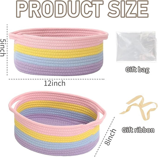 Woven Basket,Small Rope Storage Bin with Handles & Ribbon Bag, Organizer for Shelves Closets,Gift Basket Empty for Birthday,Books,Dog Toys, Rainbow/3 Pack