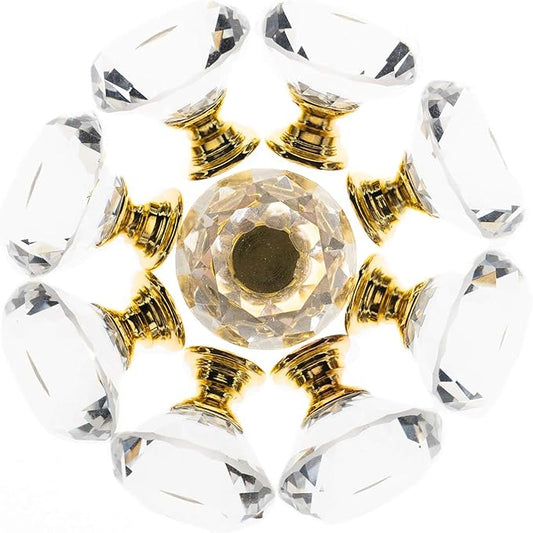 YourGift 6 Pack Drawer Knobs Diamond Shaped Crystal Glass 30mm Cabinet Knobs Pull Handles (30 mm, 6 Pack, Gold)