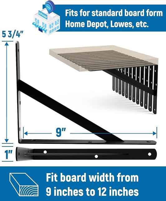12-Pack 9 Inch Heavy Duty Shelf Brackets, Large Floating Wall Bracket for Garage Storage Shelves, Black Powder-Coated Finish, Load Capacity 800lbs