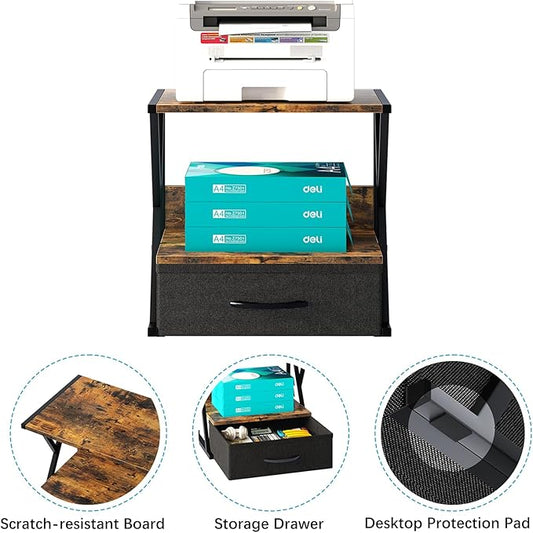 aboxoo Printer Stand for Desk with Storage Drawer, 2 Tier Desktop Or UnderDesk Shelf, Multi-Purpose Desk Organizer for Home Office, fit Fax Machine/3D Printer/Scanner, Rustic Brown