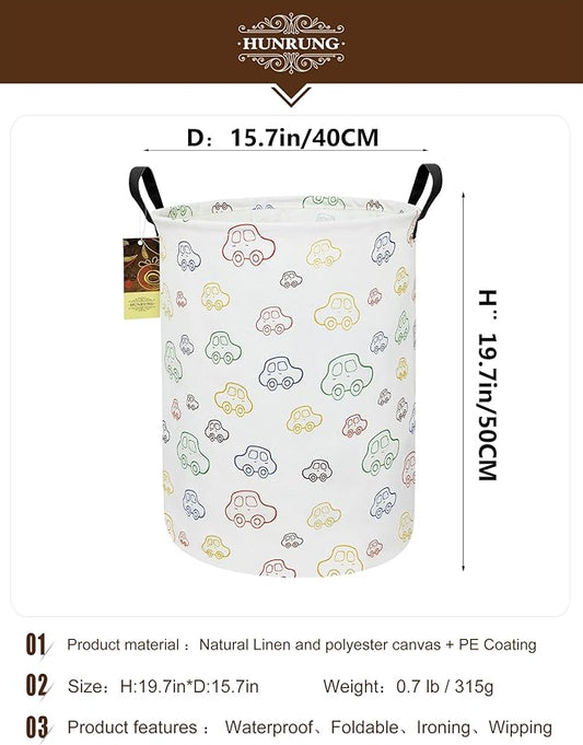 HUNRUNG Laundry Hamper,Large Canvas Fabric Lightweight Storage Basket Toy Organizer Dirty Clothes Collapsible Waterproof for College Dorms(Round-Car)