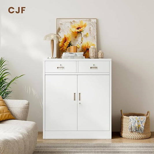 CJF Metal Storage Cabinet, Locking Storage Cabinet with Doors and 2 Drawers, Metal Cabinets for Office/Home/Garage 36" H x 32" W x 16" D (White)