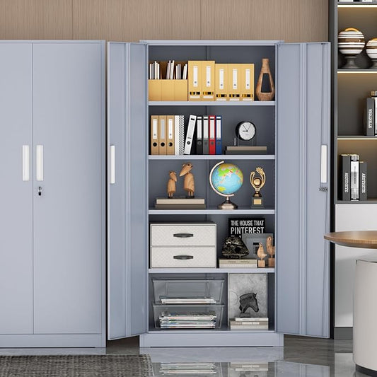 Metal Garage Storage Cabinet, 72” Lockable File Cabinets with 2 Doors and 4 Adjustable Shelves, Steel Tool Cabinets with Lock for Office, Home, Living Room, Cement Grey