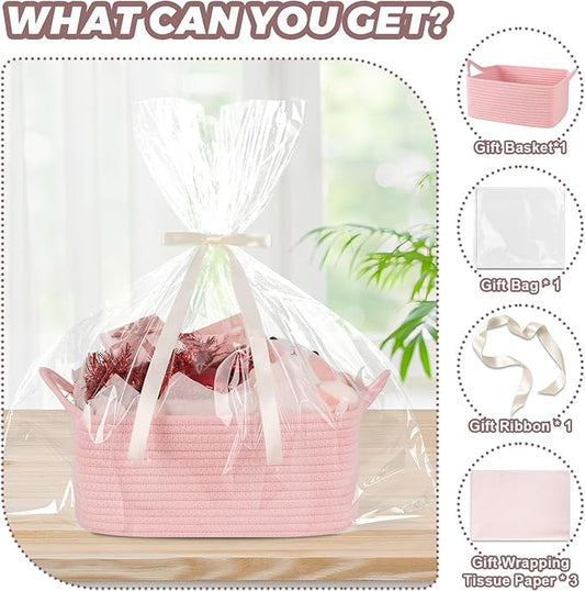 Basket for Gifts Empty, Woven Storage Basket with Gift Bag, Ribbon and Wrap Tissue Paper, Small Rope Toy Storage with Handles for Baby Shower, Dog Toy Organizer, 13.6" x 10" x 5.9”, Pink