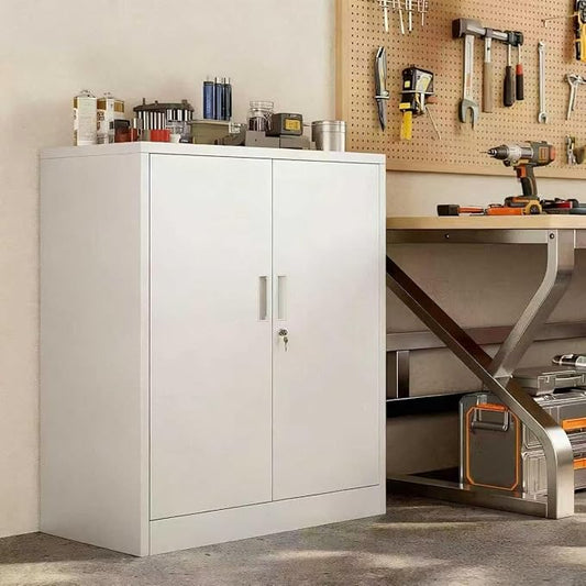 Metal Garage Storage Cabinets,36" Steel File Cabinet with 2 Adjustable Shelves, Lockable Storage Cabinets for Office, Home, Garage, Warehouse 36" H x 32" W x 16" D (White)