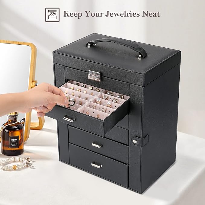 ProCase Large Jewelry Organizer Box for Women, 6 Layers Storage Display Holder Case with Drawers and Dividers for Earrings Necklaces Rings Bracelets, Mother's Day Gift -Black