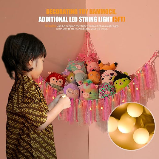 Stuffed Animal Storage Macrame Boho Plush Toy Net Hammock for Stuffed Animals with Light Pet Net for Stuffed Animals Corner Hanging Stuffed Animal Holder Teddy Bear Net for Kids Room (Shiny Pink)