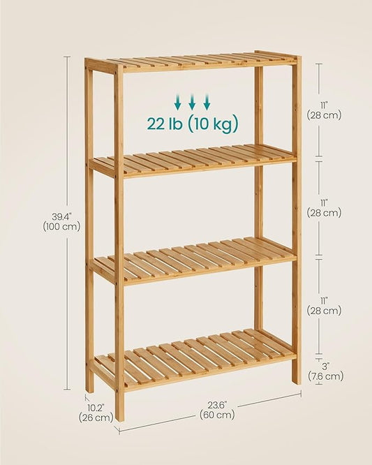 SONGMICS Bamboo Storage Shelf, 4-Tier Shelving Unit, Multifunctional, in The Entryway, Bathroom, Living Room, Balcony, Kitchen, 10.2 x 23.6 x 39.4 Inches, Light Bamboo UBCB034Y01
