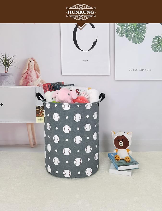 HUNRUNG Laundry Hamper,Large Canvas Fabric Lightweight Storage Basket Toy Organizer Dirty Clothes Collapsible Waterproof for College Dorms, Children Bedroom,Bathroom(Round-Grey Baseball)