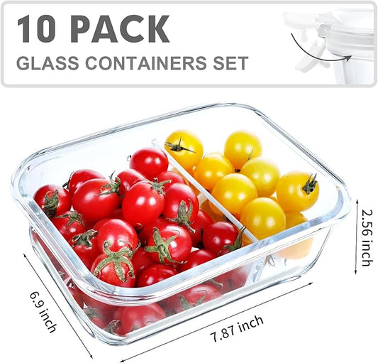 VERONES 10 Pack Glass Meal Prep Containers 2 Compartment Set, 30 OZ Airtight Glass Lunch Containers, Food Storage Containers with Lids, for Microwave, Oven, Freezer & Dishwasher Friendly,White