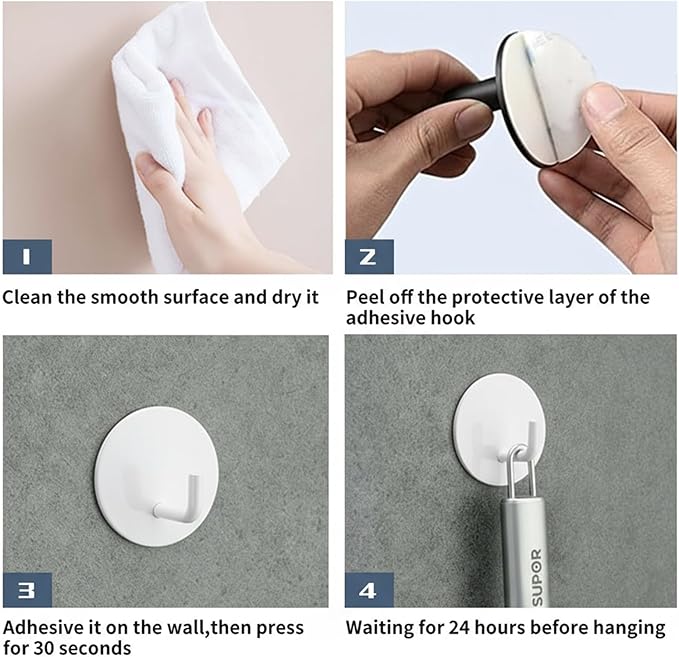 Adhesive Hooks Heavy Duty Waterproof in Shower Hooks for Hanging Loofah, Towels, Clothes for Bathroom Removable Adhesive Wall Hooks Door Hook Stainless Steel Stick on Hooks 4 Pcs (White)