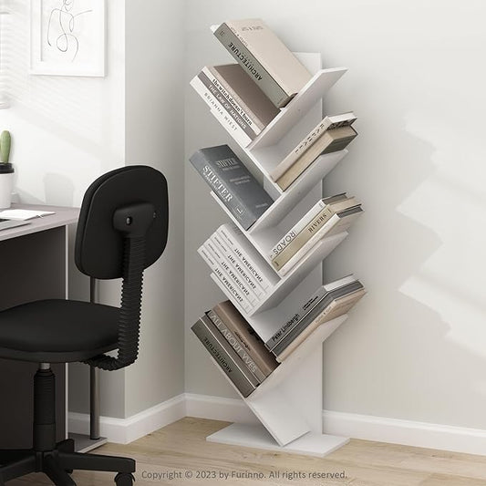 Furinno TREE Book Shelf, 9-Tier Bookshelf, Tree Bookcase with Angled Open Shelf, 8.4" x 15.7" x 50.9", for Room Decor, for Living Room, Bedroom, Home Office, White