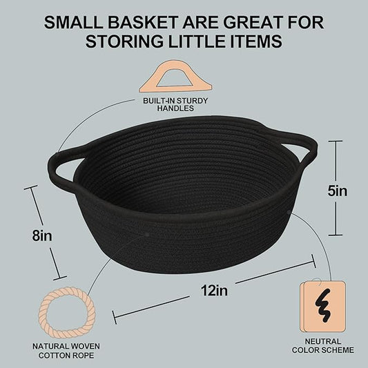 Small Woven Gift Basket, Baskets for Gifts Empty, Cotton Rope Cat Dog Toy Bin Box, Nursery Baby Organizer, Wicker Easter Basket with Handle, Shelf Storage Bin for Decor, Black, 12"x 8"x 5"