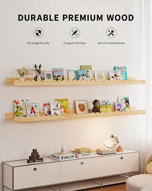 Shario Nursery Book Shelves, 4-Pack White Floating Shelves for Wall Kids, Scalloped Shelves, Wall Book Shelves for Bedroom Kids, Toddler Room, Baby Room, Nursery Decor (Wood, 47.2 Inches)
