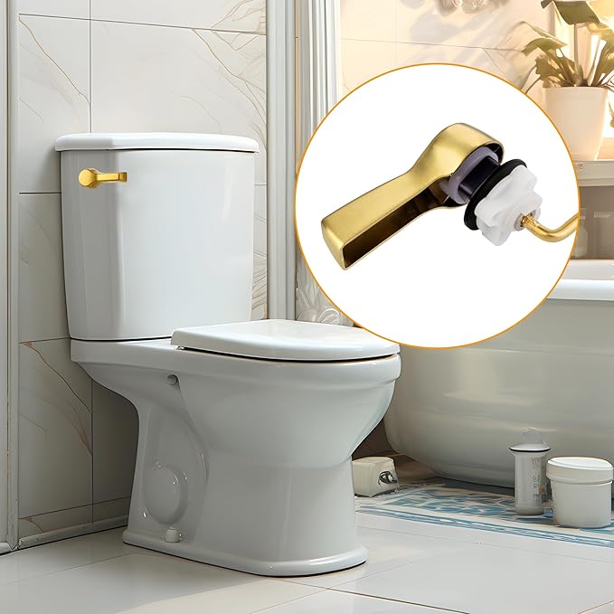 Hibbent Universal Metal Side Mount Toilet Handle Replacement Kit, Brass Toilet Flush Tank Lever with Stainless Steel Flapper Chains for Most Toilets, Brushed Gold