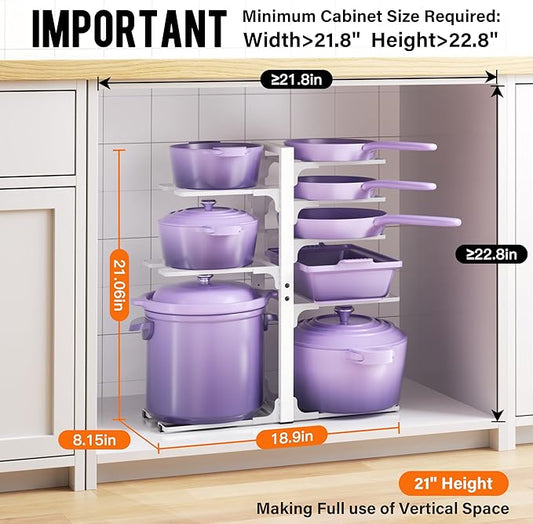 MUDEELA 8-Tier Pots and Pans Organizer under Cabinet, Heavy Duty Adjustable Pot Pan Organizers inside Cabinet, Kitchen Cabinet Organizers and Storage Pot Rack for Big Stockpots, Heavy Cookware, White