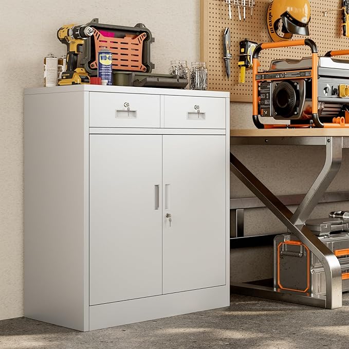 BESFUR Metal Garage Storage Cabinet with Two Lockable Drawers 2 Locking Doors and an Adjustable Shelf, 36" White Metal Short Storage Cabinet for Home Office, Garage,School,Utility Room