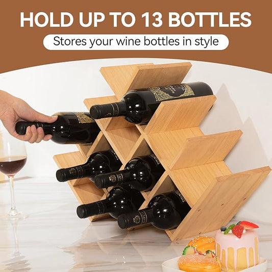 KIRIGEN Wooden 13-Bottle Wine Rack - Nature Wood 4-Tier Wine Display Rack/Free Standing and Countertop Storage Shelf - Bottle Holder/Cabinet Glass XHJJ4-NA