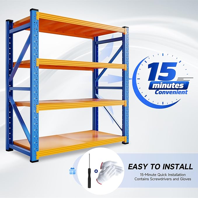 59" W Garage Storage Shelves,3000LBS Garage Shelving Heavy Duty Adjustable Shelving Unit,4 Tier Metal Utitly Shelves Industrial Shelving for Warehouses,Basement,Blue-Orange
