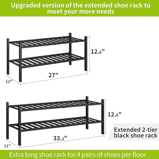 BMOSU 2-Tier Bamboo Extended Shoe Rack Premium Stackable Shoe Shelf Storage Organizer for Hallway Closet Living Room Entryway Organizer (Black Bamboo)