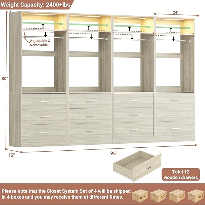 8FT Closet System with 4 Motion Sensor LED Lights, 96" Closet Systems with 12 Drawers, Closet Organizer System with 4 Hanging Rods & 4 Shelves, Heavy Duty 96 Inch Walk-in Closet, White Oak